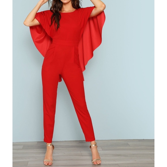 Red Cascade Cape Backless Cocktail Jumpsuit - Picture 2 of 6